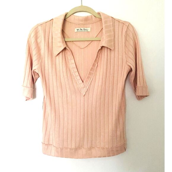 Free People We The Free Peach Krystal Ribbed Elbow Sleeve Collared Polo Shirt S - Picture 2 of 12